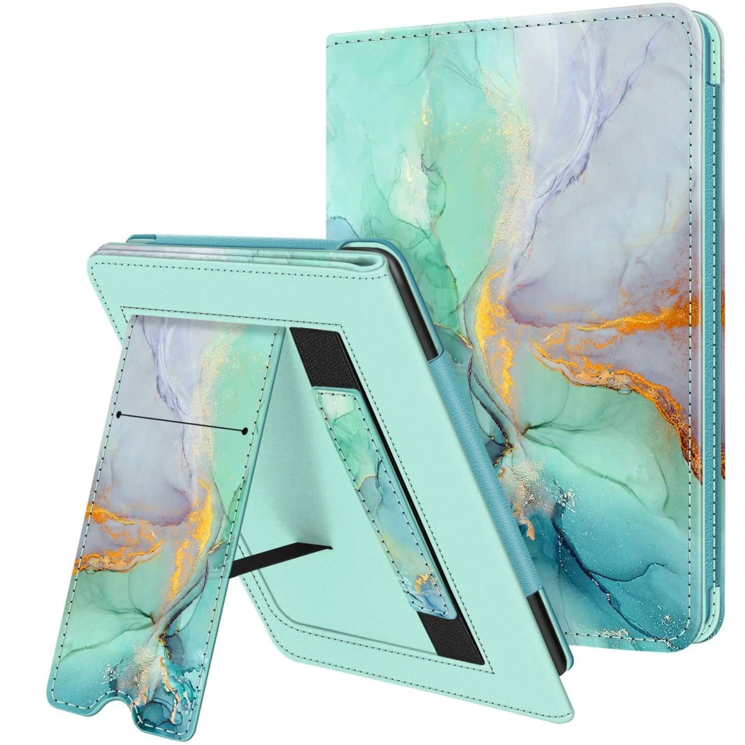 Front. Kitcheniva - Foldable Stand Cover For Kindle Paperwhite 11th 2021 With Card Slot And Hand Strap Emerald Marble - Emerald Marble.
