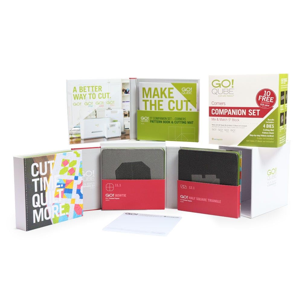A BETTER WAY TO CUT. GO! GO! GO! GO! MAKE THE CUT. GO! COMPANION SET CORNERS OLEE PATTERN BOOK & CUTTING MAT GO! QUBE 10 FREE Corners Mix & Match 5 Block 4 Dies Cutting Mat GO! BOWTIE 11.1 GO! HALF SQUARE TRIANGLE 12.1 GO! CUT TIME QUITE MORE