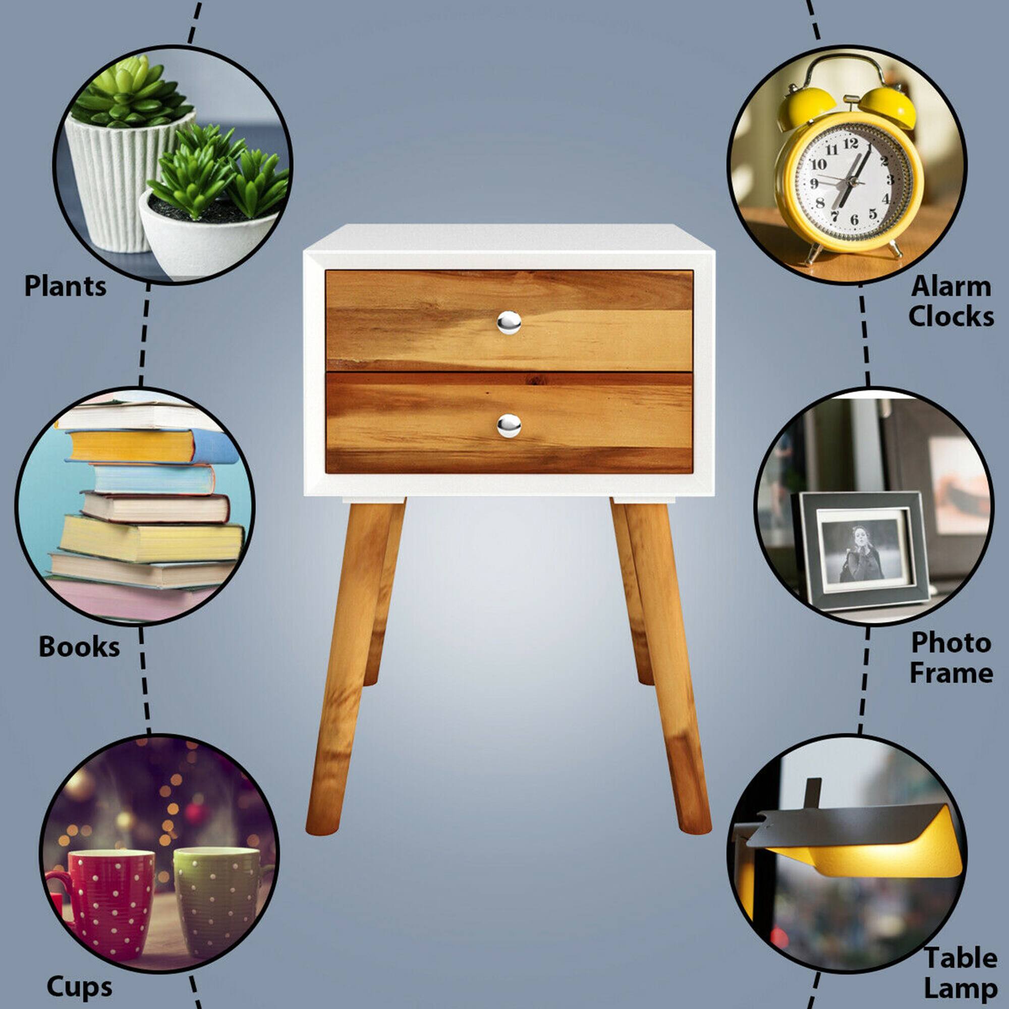 Plants, Alarm Clocks, Books, Photo Frame, Cups, Table Lamp