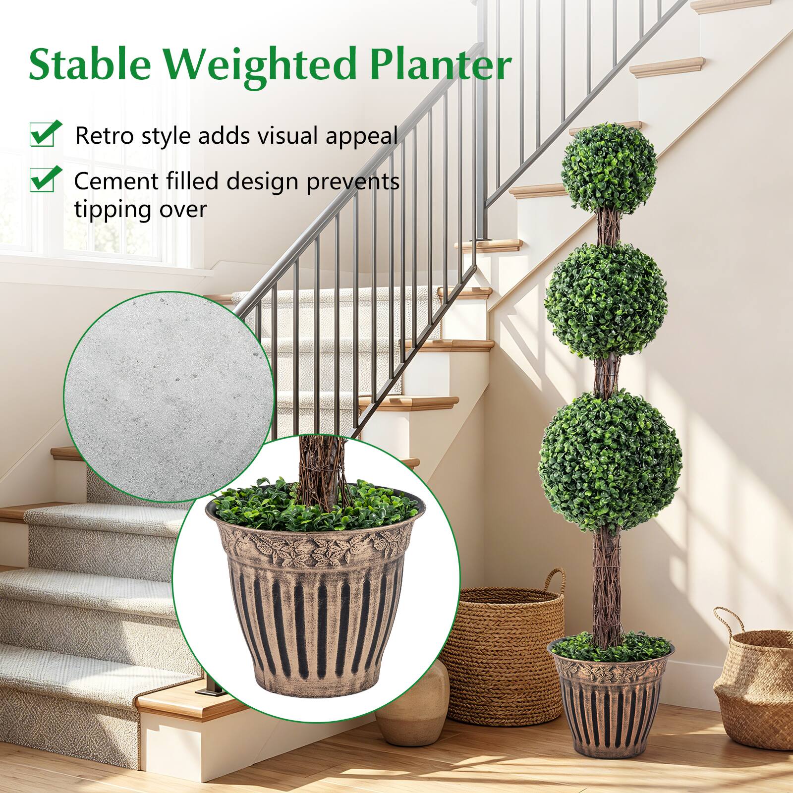 Stable Weighted Planter  
Retro style adds visual appeal  
Cement filled design prevents tipping over