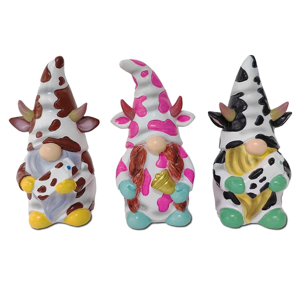 OrnamentallyYou - Endearing Cow Gnome Trio Mini Statue Set of Three, 5" Miniature Figurine and Unique Farm Resin Garden Statue - Multicolored