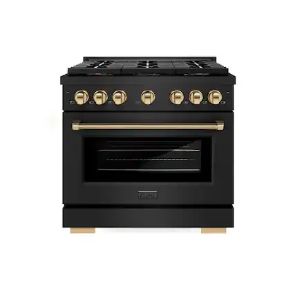 Front. ZLINE - Autograph 36 in. 5.2 Cu. Ft. Freestanding Paramount DuoPro Gas Range in Black Steel with Polished Gold Helix Handles - Black Stainless Steel.