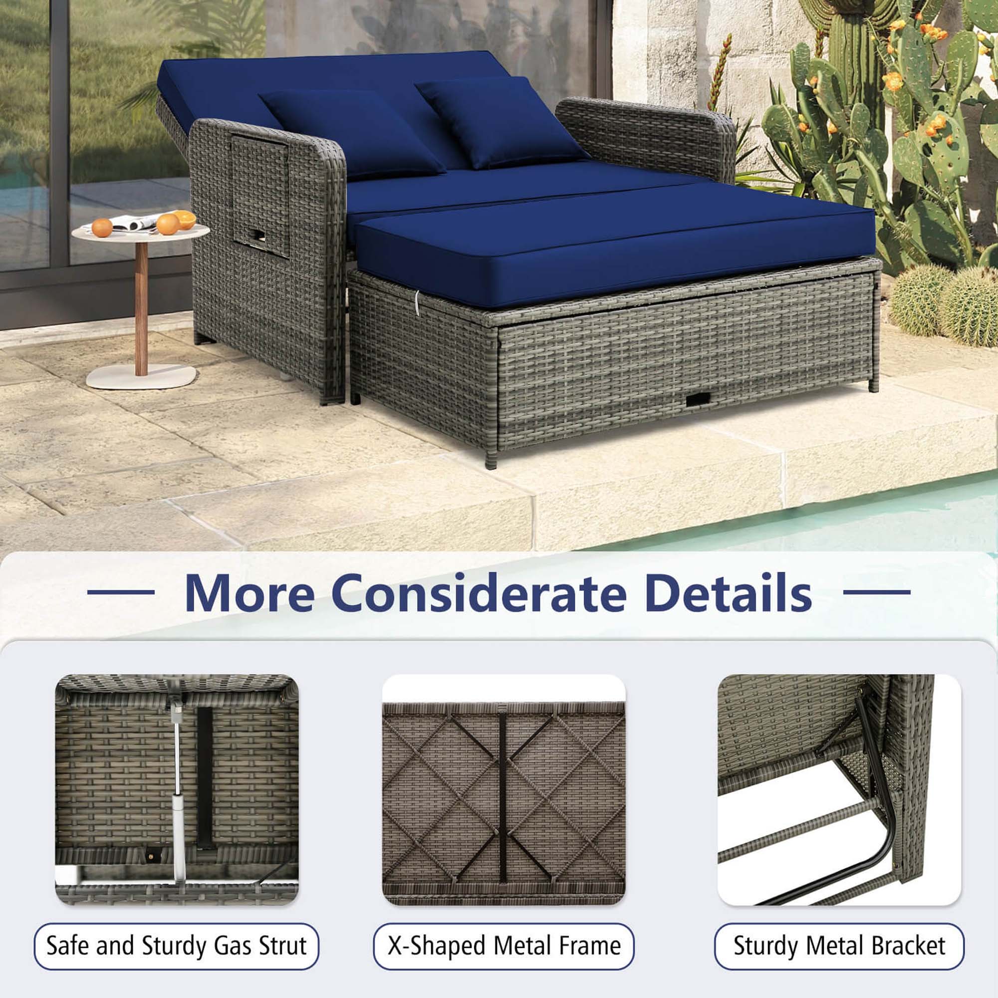 The image shows a blue patio chair with a wicker frame and a blue cushion. The chair is placed on a patio near a pool. The image also provides more details about the chair, such as its safe and sturdy gas strut, X-shaped metal frame, and sturdy metal bracket.