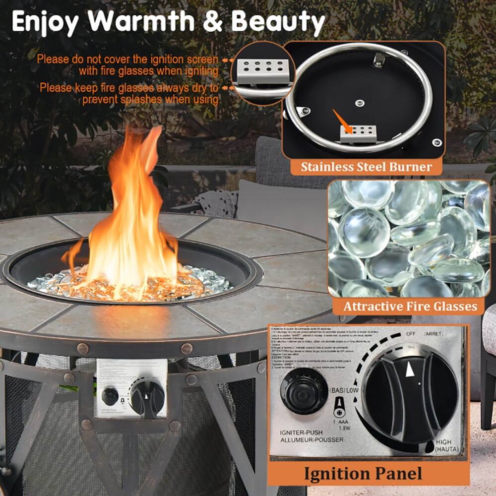 Enjoy Warmth & Beauty

Please do not cover the ignition screen with fire glasses when igniting.  
Please keep fire glasses always dry to prevent splashes when using.

Stainless Steel Burner

Attractive Fire Glasses

Ignition Panel

OFF (ARRET)  
BAS (LOW)  
IGNITER-PUSH 1 AAA 1.5W  
ALLUMEUR-POUSSER  
HIGH (HAUTA)