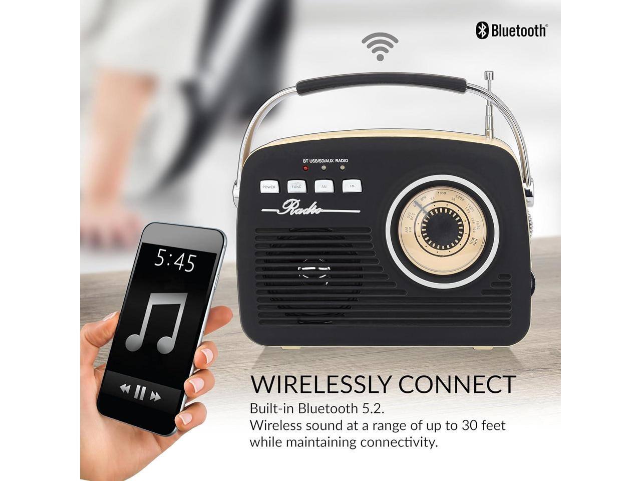 Bluetooth ST USB/SO/AUXX RADIO  
5:45  
POWER FUNC a. Radio IM and 1550 P T290 i II  

WIRELESSLY CONNECT  
Built-in Bluetooth 5.2.  
Wireless sound at a range of up to 30 feet while maintaining connectivity.