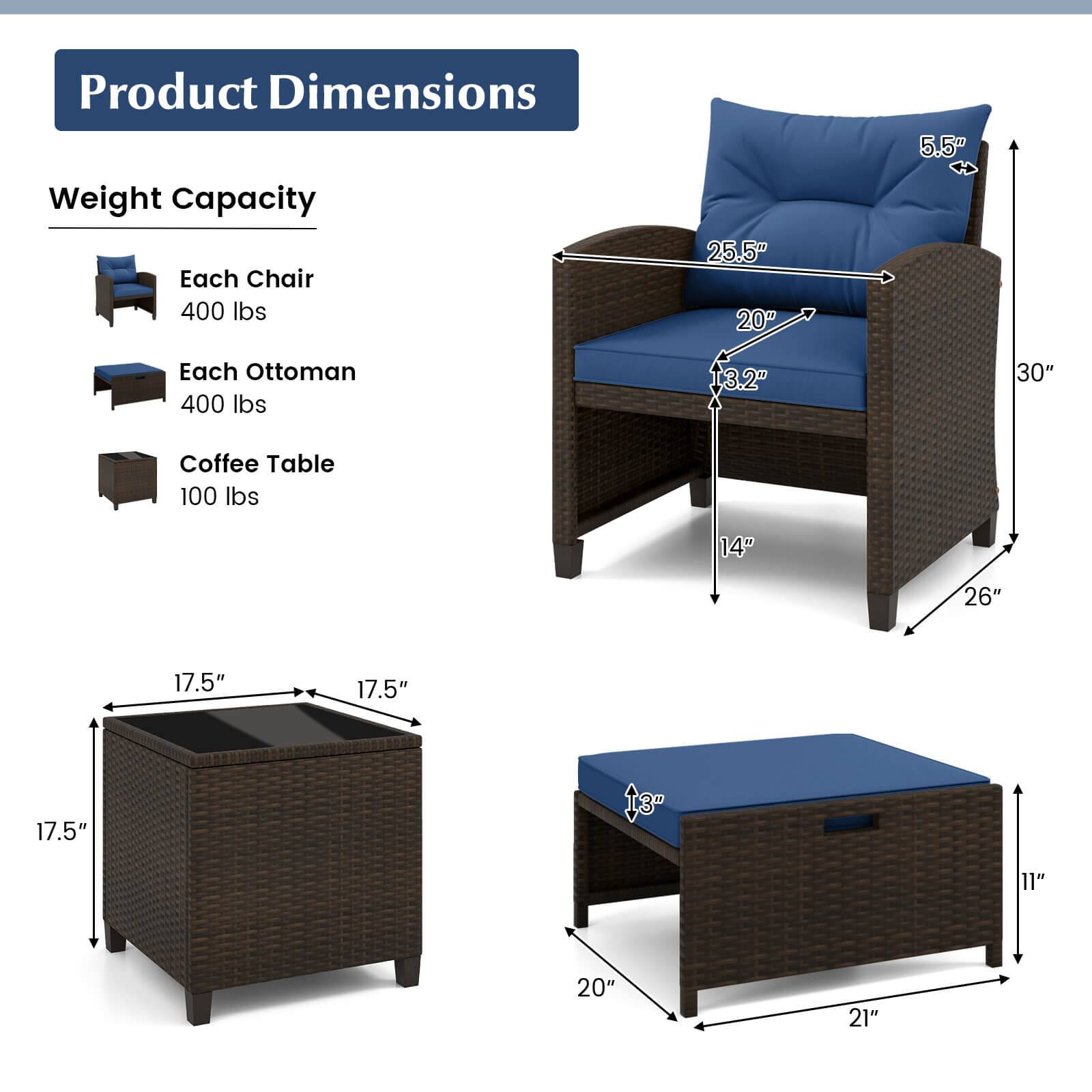 Product Dimensions

Weight Capacity

Each Chair
400 lbs

Each Ottoman
400 lbs

Coffee Table
100 lbs

Dimensions:

Each Chair
25.5" W x 20" D x 30" H

Each Ottoman
13.2" H x 17.5" W x 17.5" D

Coffee Table
14" H x 26" W x 17.5" D