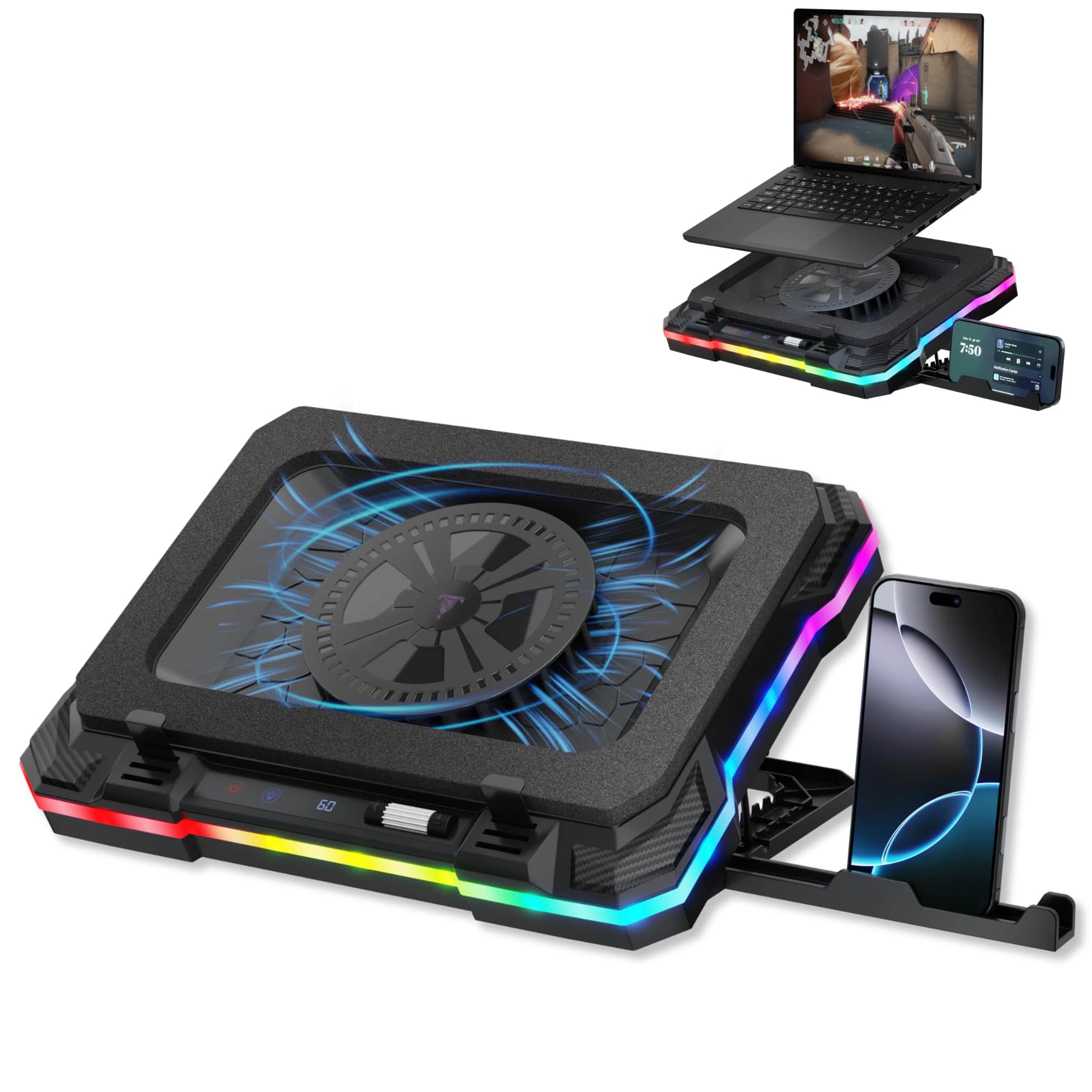 HongFei - Gaming Laptop Cooling Pad with USB Hub - Boost Performance, Stay Comfortable - RGB Cooler Stand, Adjustable Height - Black