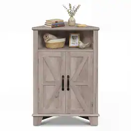 Costway - 2-Door Sideboard Organizer Cabinet with Open Storage & Adjustable Shelf for Living Room - Oak Gray