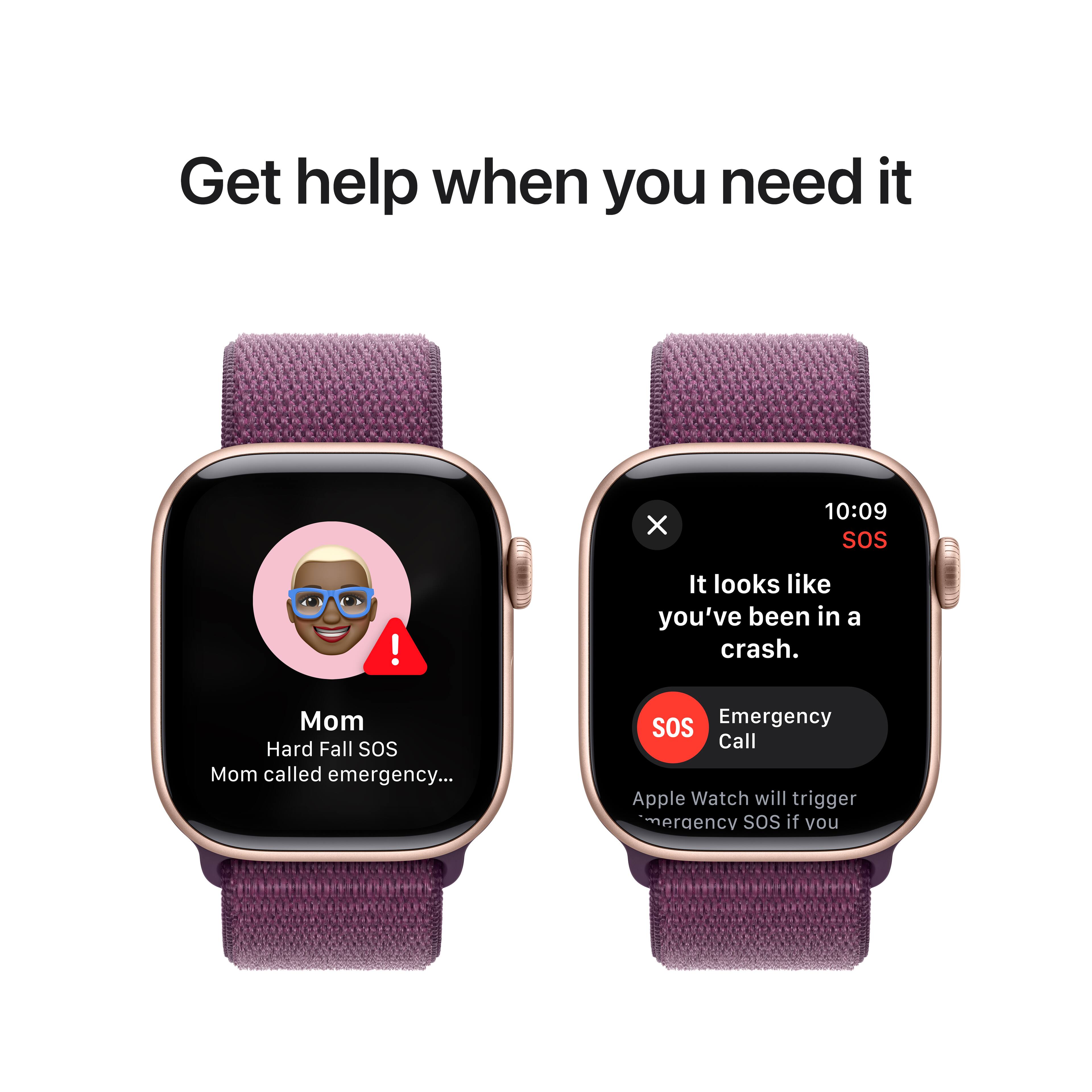 Get help when you need it. It looks like you've been in a crash. Mom called emergency. SOS! Apple Watch will trigger emergency SOS if you need it.