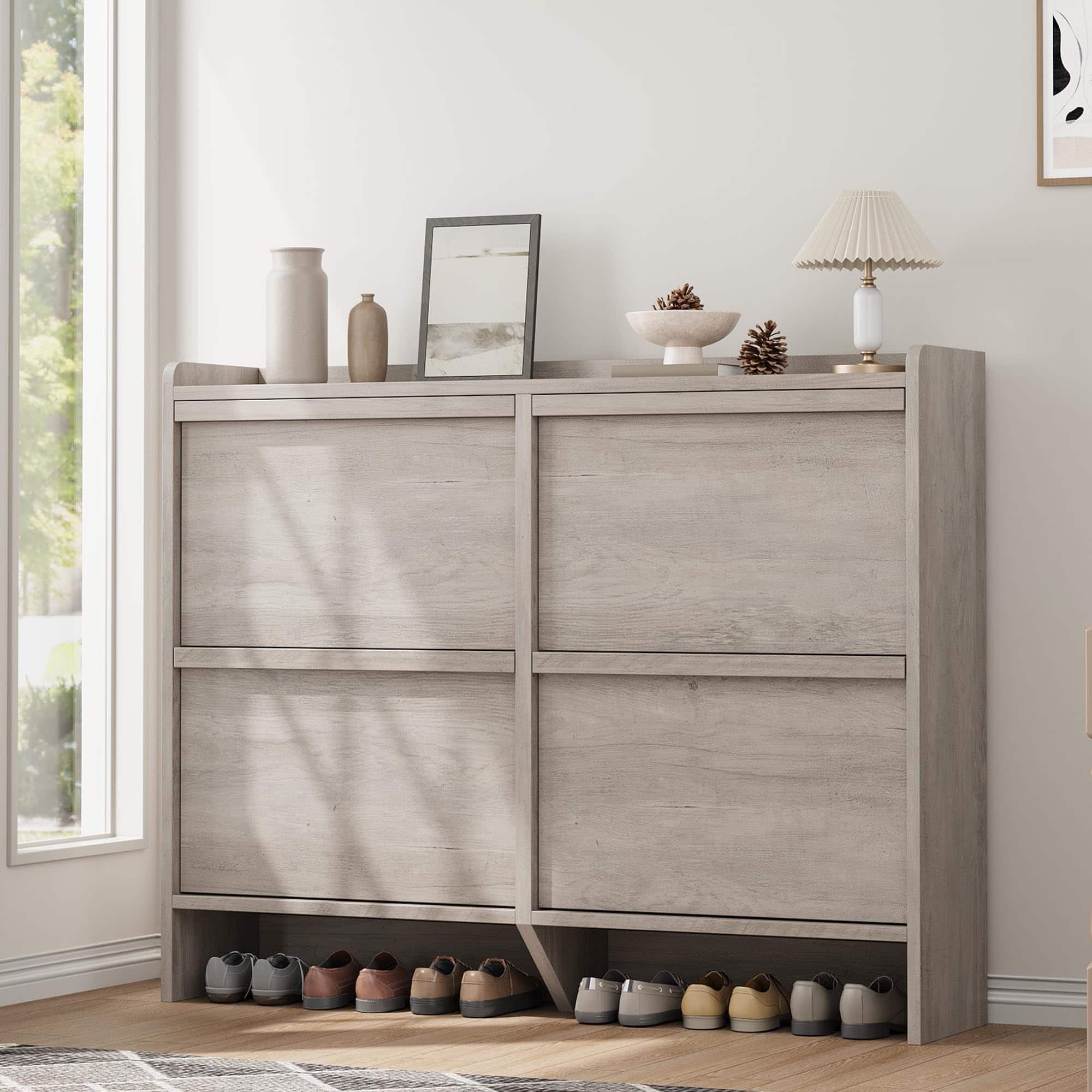 Babevy - Shoe Cabinet with 4 Flip Drawers, Wooden Shoe Organizer Cabinet with Adjustable Shelf, Shoe Storage for Entryway - Gray