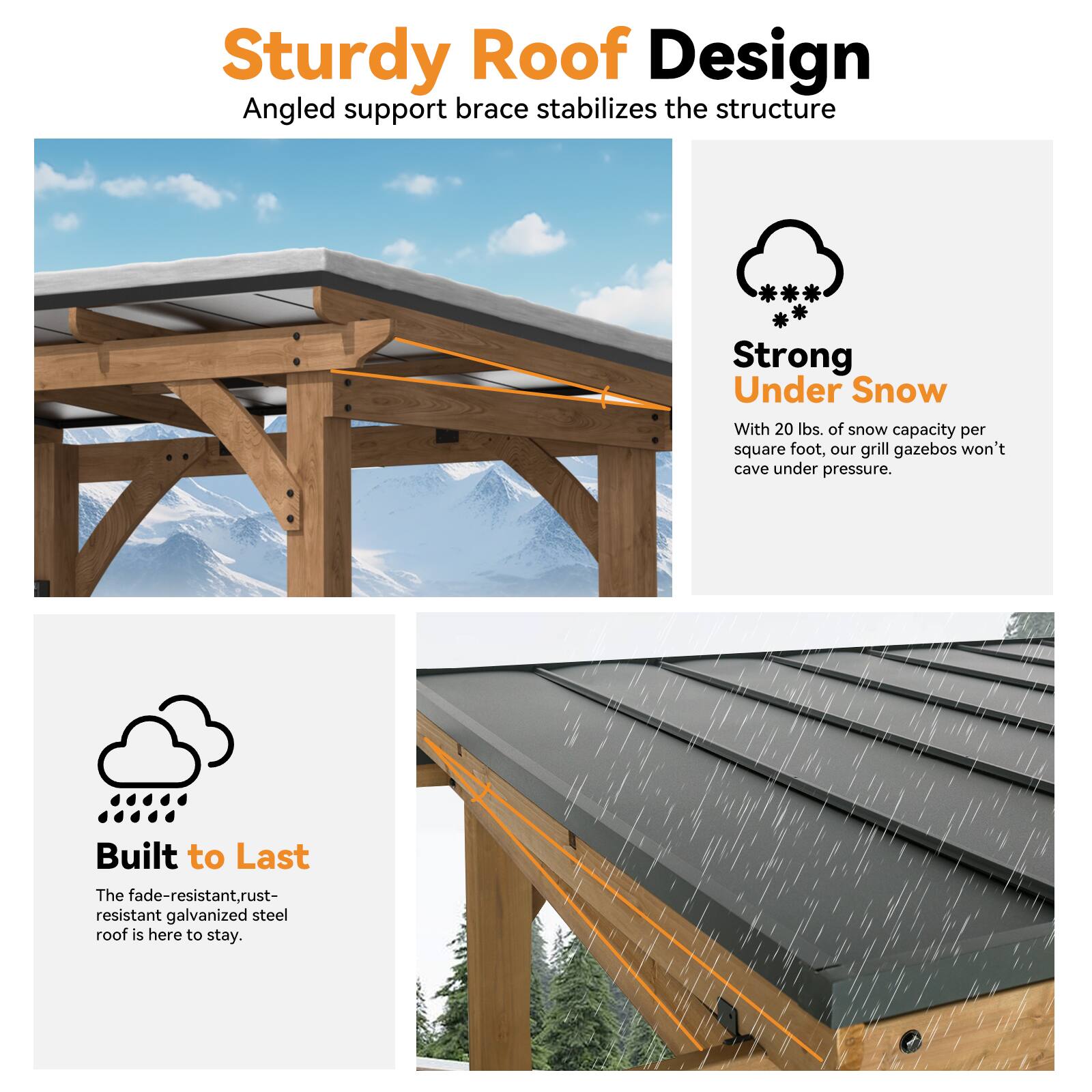 Sturdy Roof Design  
Angled support brace stabilizes the structure  

Strong Under Snow  
With 20 lbs. of snow capacity per square foot, our grill gazebos won't cave under pressure.  

Built to Last  
The fade-resistant, rust-resistant galvanized steel roof is here to stay.