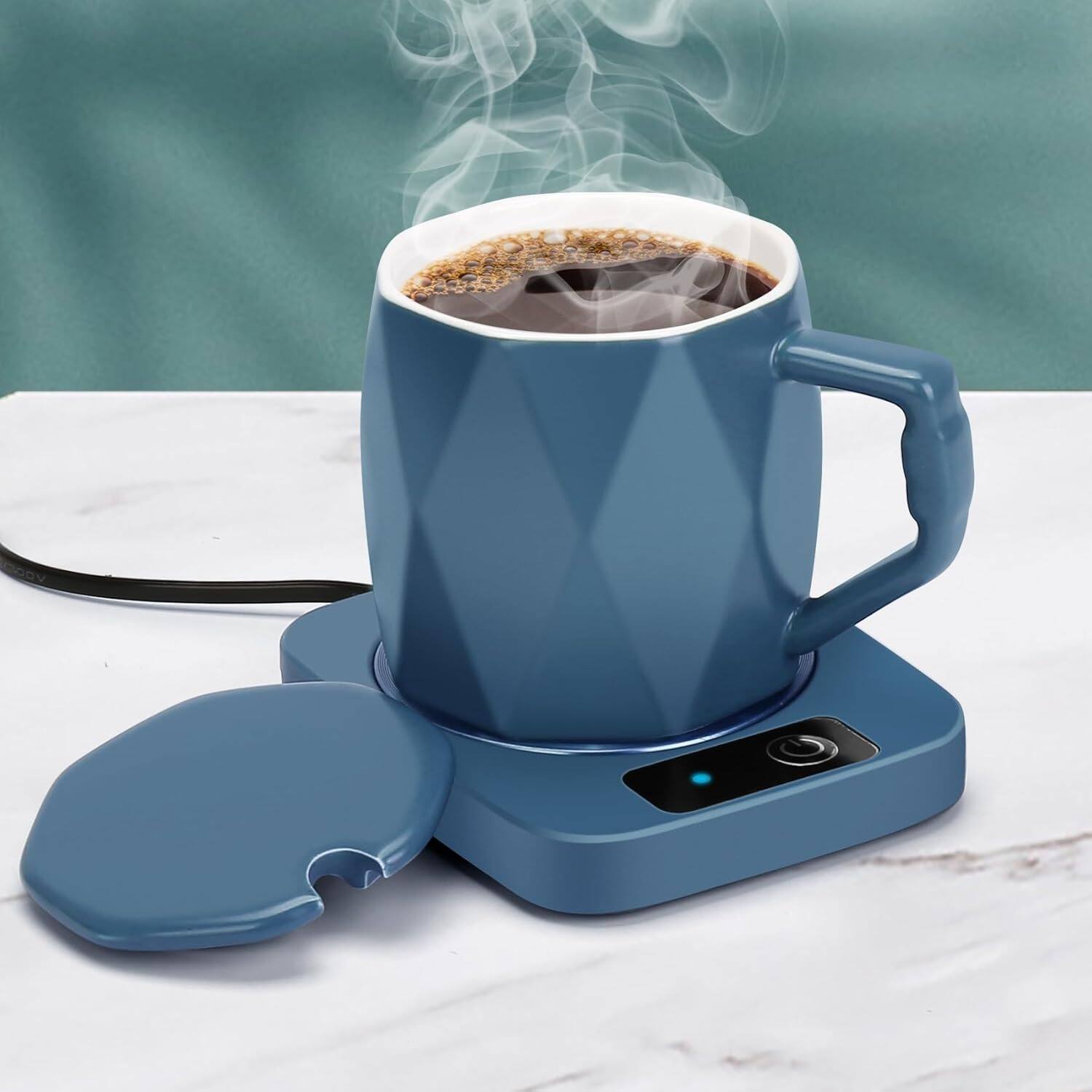Left. Schertz - Coffee Mug Warmer with Ceramic Cup – 131°F Temp Control, White - blue.