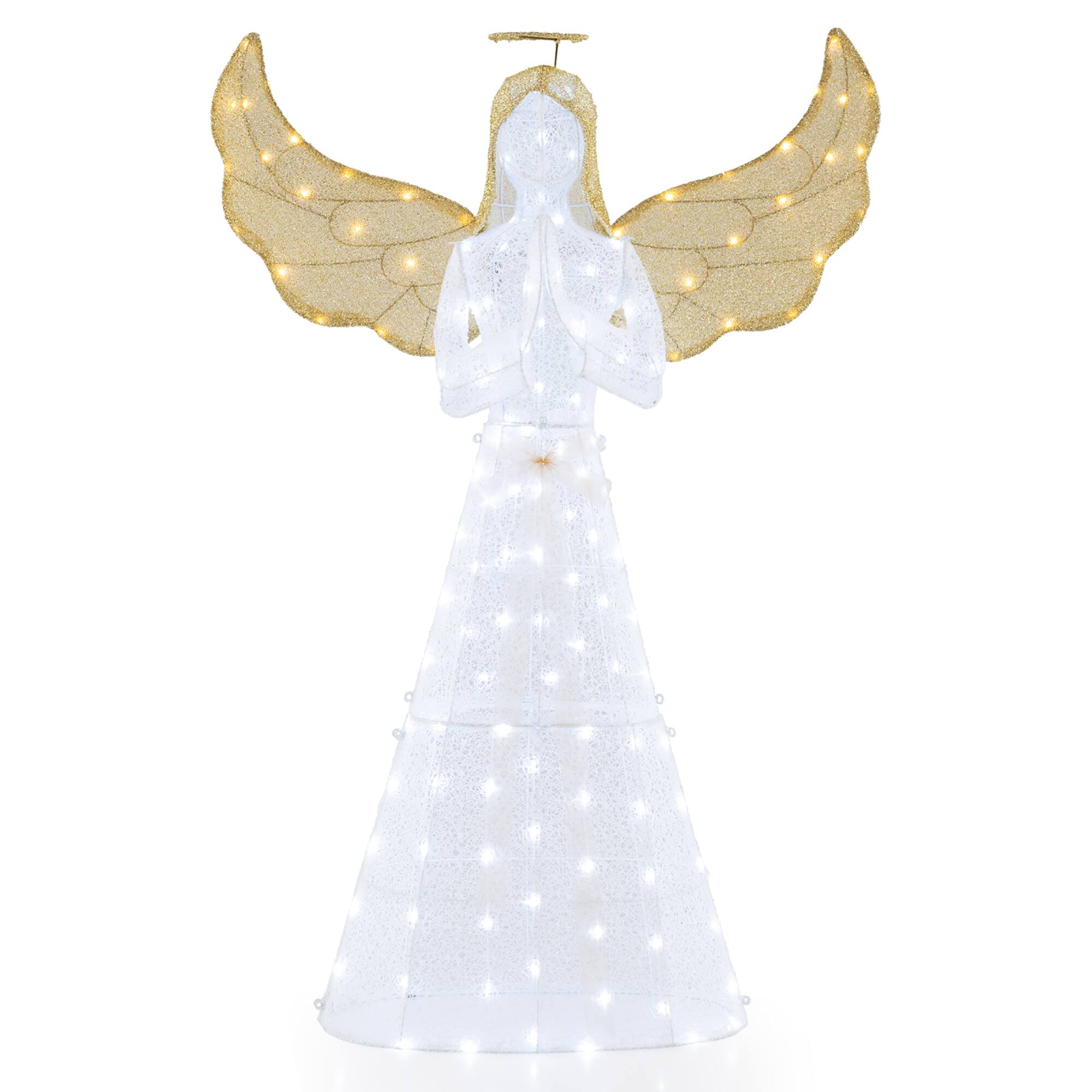 Front. Gymax - Gymax 5 ft Festive Pre-Lit Angel w/ Halo Wings & 150 LED Lights Zip Ties Ground Stakes - White.