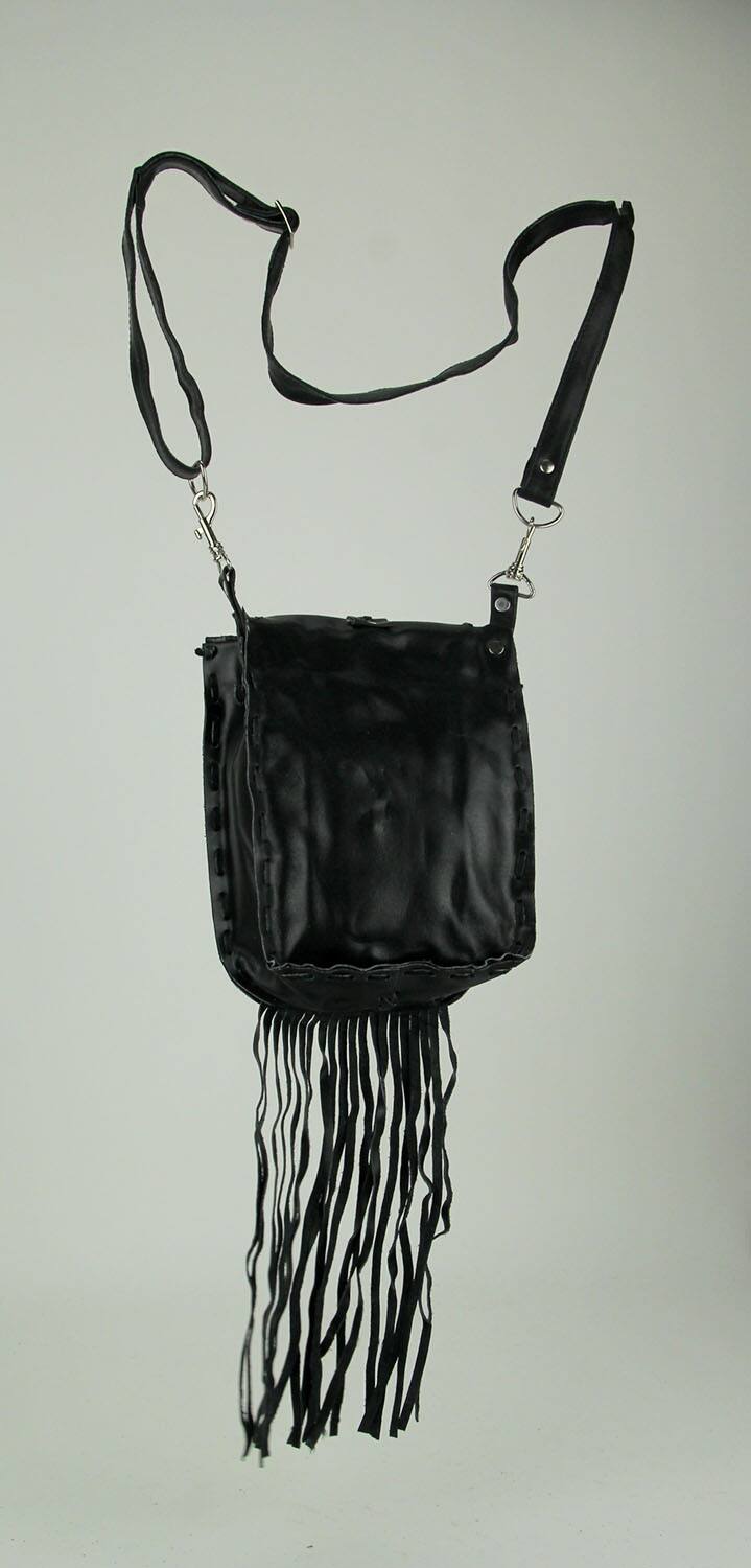Alt View 1. Things2Die4 - Genuine Leather Hair-On Hide Trim Fringed Crossbody Bag Small - Black.