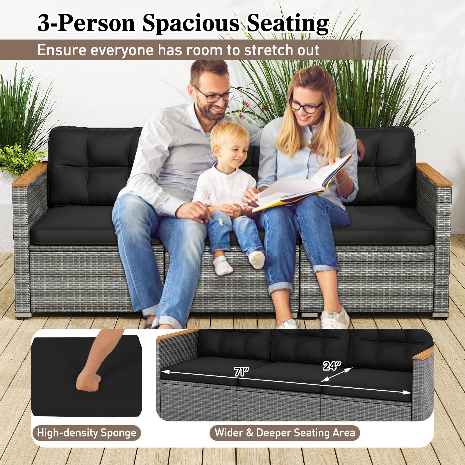 3-Person Spacious Seating  
Ensure everyone has room to stretch out  

71"  
24"  

High-density Sponge  
Wider & Deeper Seating Area