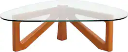 LeisureMod - Imperial Modern Triangular Tempered Glass Coffee Table with Cross-Brace Wooden Base for Home & Living Room - Light Walnut