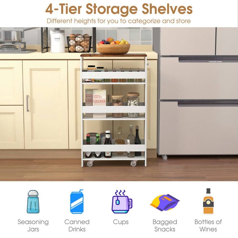 4-Tier Storage Shelves  
Different heights for you to categorize and store  

- SUGAR  
- WHITE CHOCOLATE CHUNKS  
- Seasoning Jars  
- Canned Drinks  
- Cups  
- Bagged Snacks  
- Bottles of Wines