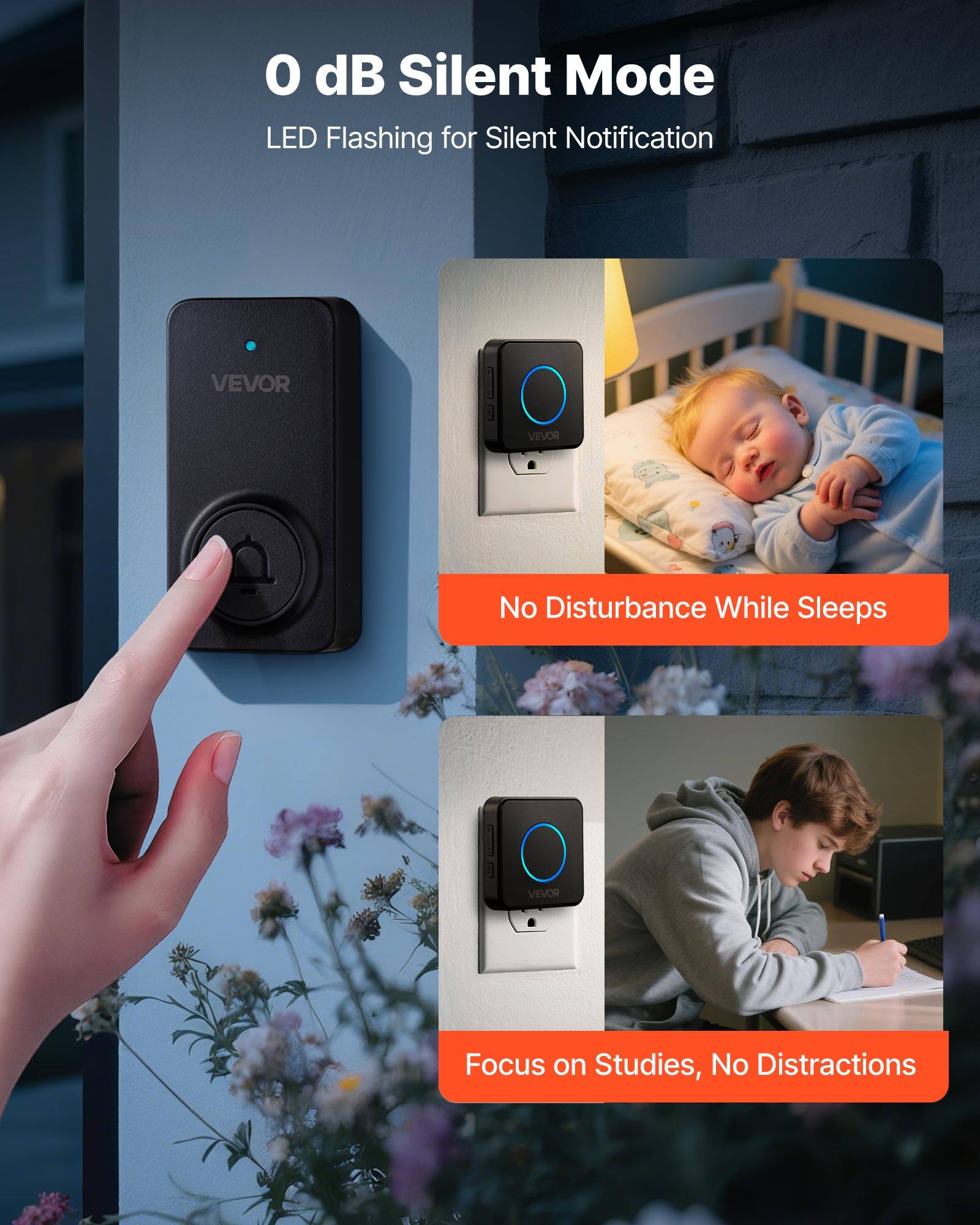 0 dB Silent Mode  
LED Flashing for Silent Notification  

No Disturbance While Sleeps  

Focus on Studies, No Distractions