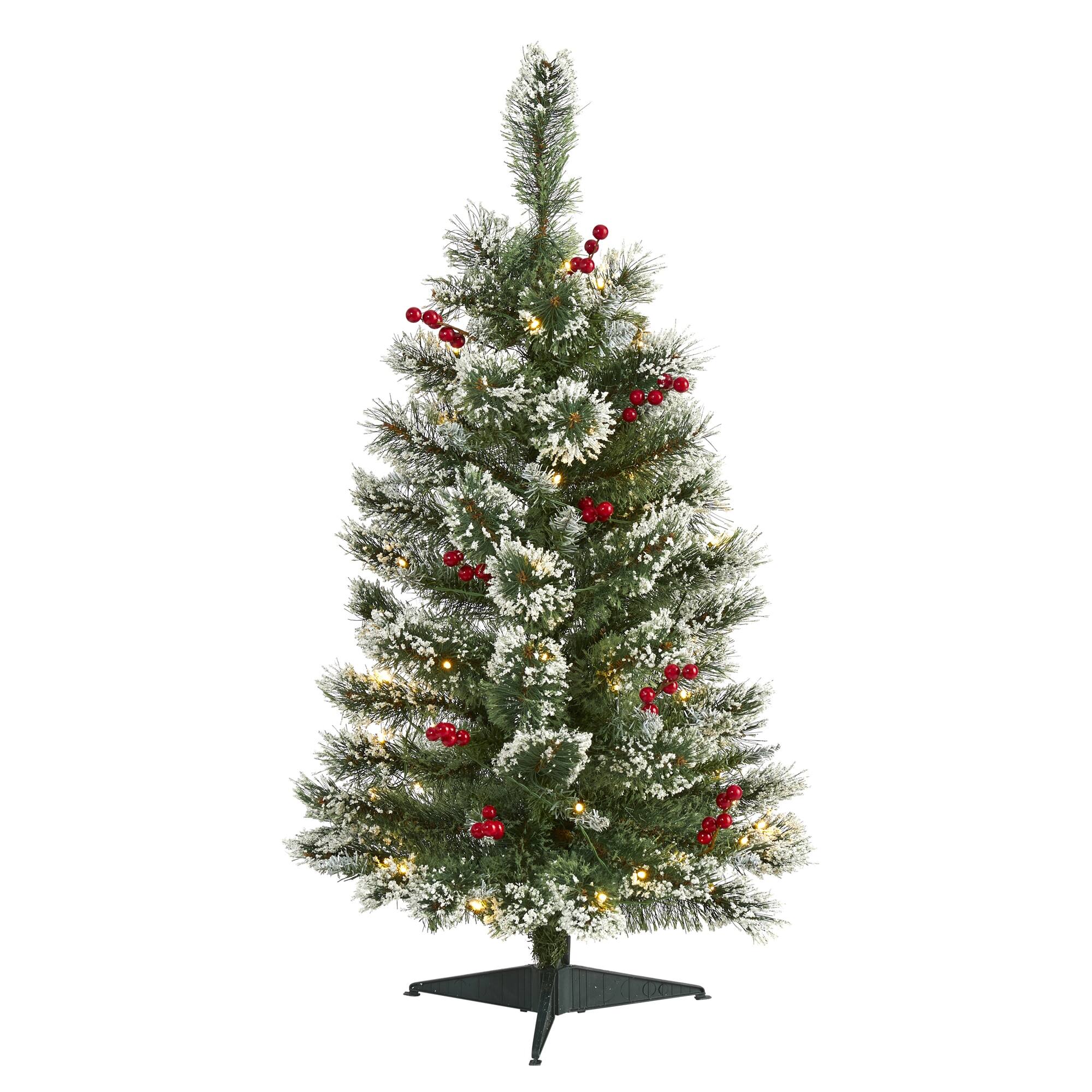 Front. BreeBe - 3’ Frosted Swiss Pine Christmas Tree 50 LED Lights & Berries - Multi.
