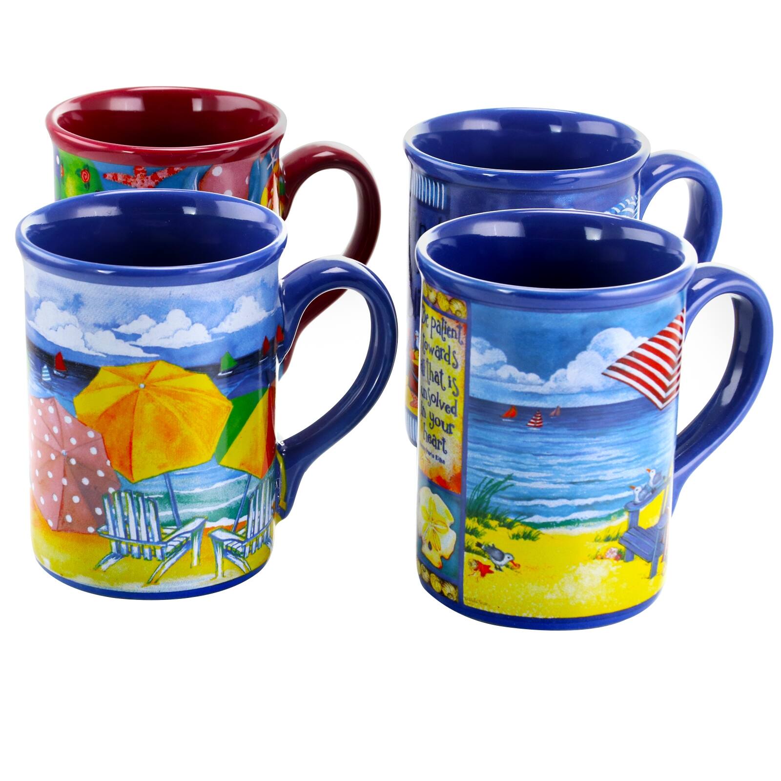 "D palent wardS at 1S iolved your heart I" is a fragment of text that does not make sense. It appears to be a combination of words without any coherent meaning. The image shows three blue coffee mugs with beach scenes on them.