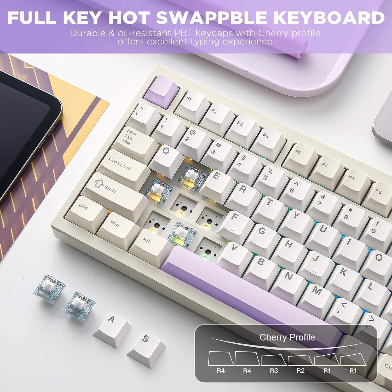 FULL KEY HOT SWAPPABLE KEYBOARD

Durable & oil-resistant PBT keycaps with Cherry profile offers excellent typing experience.

Esc  Ctrl  Tab  Caps Lock  Shift  Win  Alt  A  S  !  1  F1  2  F2  #  3  E  F3  $  4  R  F  V  F4  F5  F6  %  5  ^  6  &  T  7  Y  G  U  H  J  N  M  Cherry Profile  F7  *  8  I  K  <  cn  F8  (  9  O  L  >  -  R4  R4  R3  R2  R1  R1  Ct