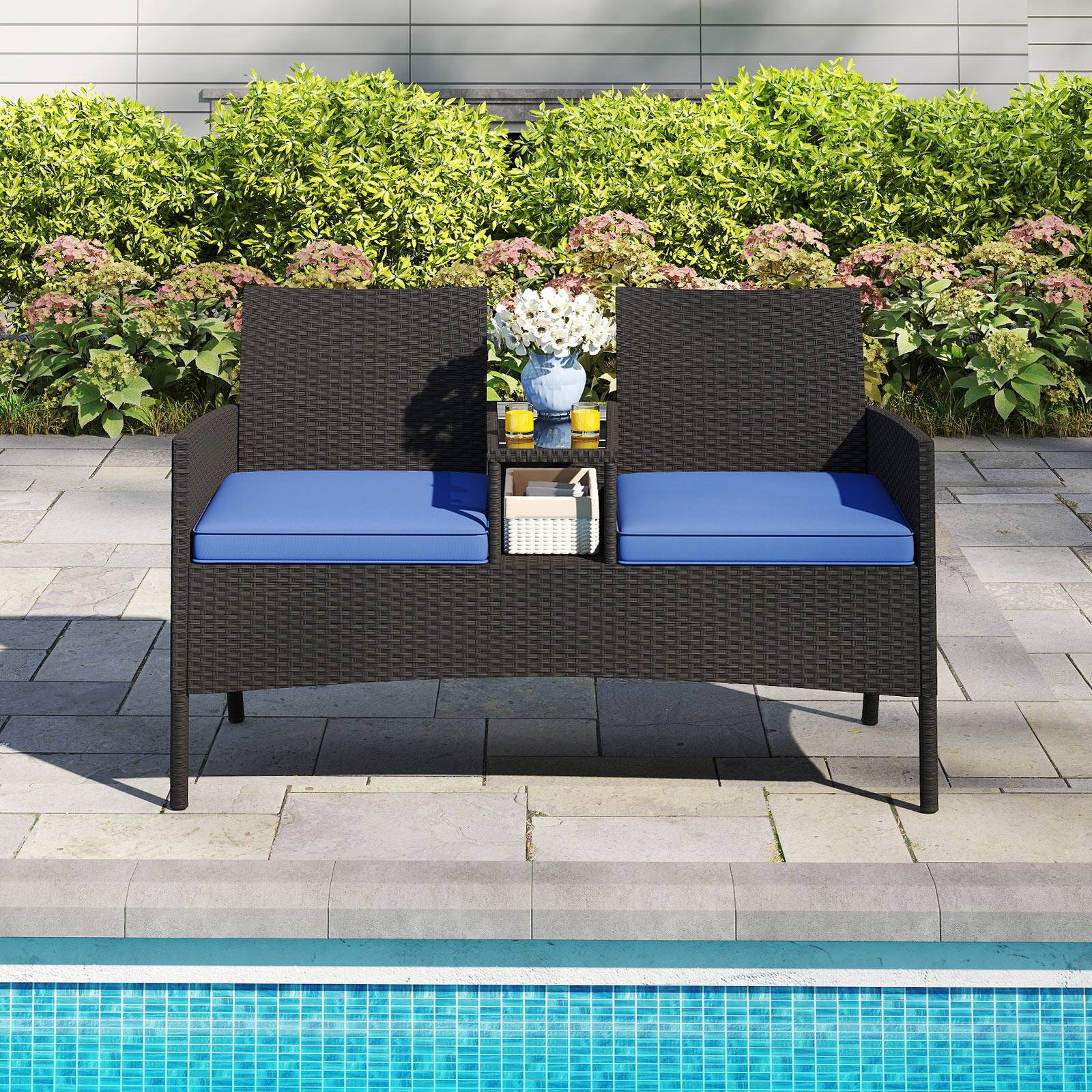 Alt View 1. Gymax - Gymax Patio Loveseat w/ Built-in Table Soft Cushions & Tempered Glass Tabletop - Navy, Black.