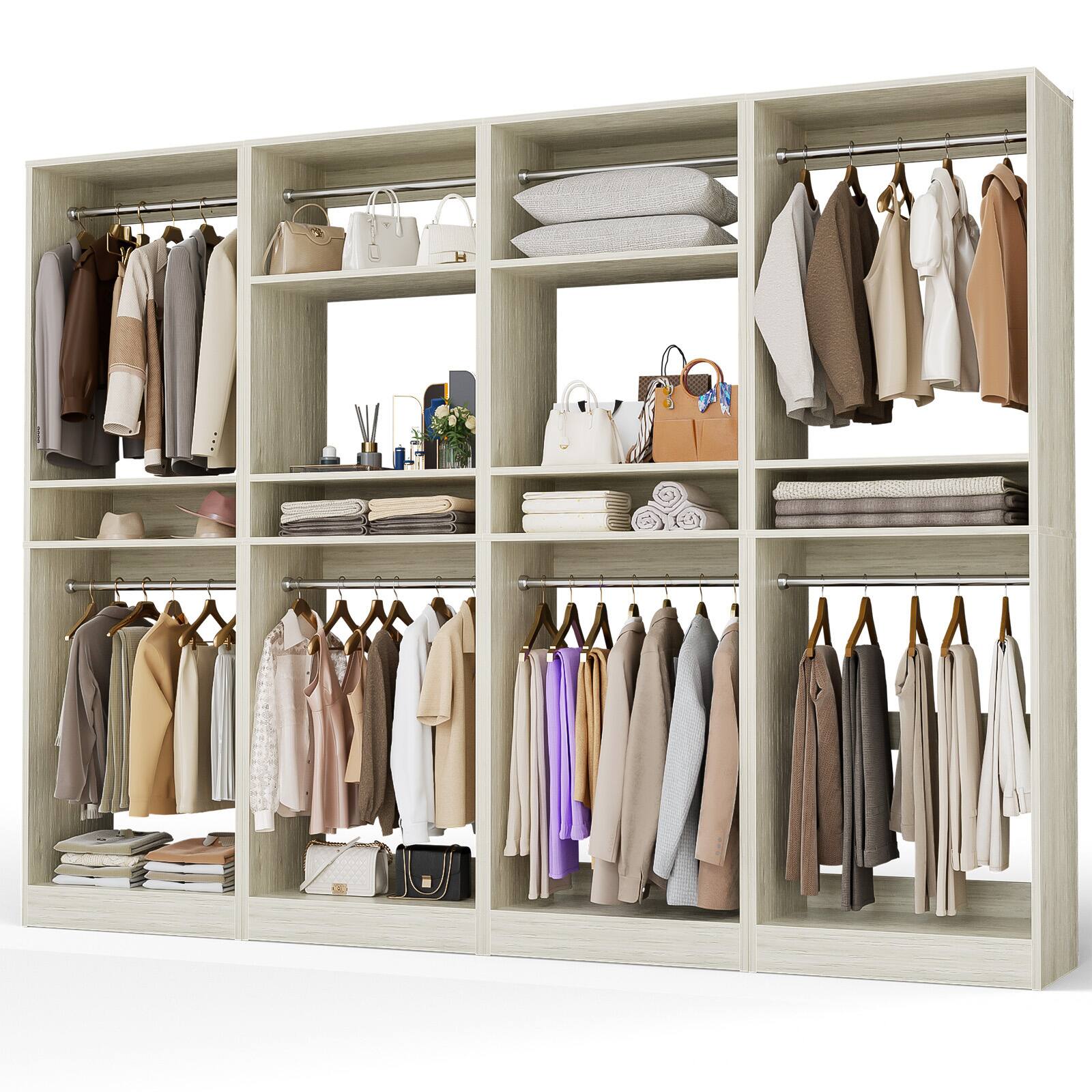 Back. Aheaplus - 100 Inch Large Closet System Set of 4, Freestanding Wardrobe System with 8 Hanging Rods and Shelves, Easy Assembly - Beige Oak.