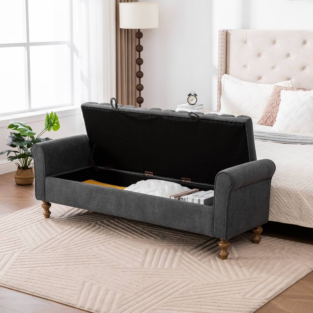 Alt View 1. Ropilly - Ropilly Modern Upholstered Storage Bench Charcoal Napped Fabric Bed End Foot Stool With Rolled Armrest - Charcoal.
