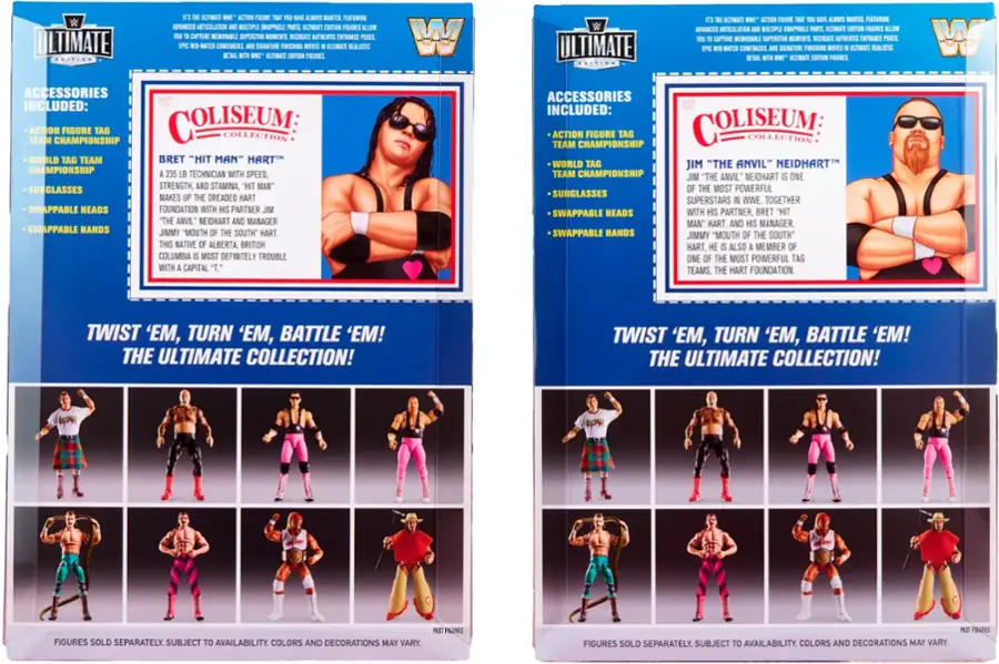 Ultimate Collection featuring advanced articulation, multiple swappable ultimate figures, and accessories to capture memorable superstar moments. Recreate authentic entrance and finisher moves. Includes Bret "Hit Man" Hart Championship Technician with speed, strength, and stamina, sunglasses, and swappable heads and hands. Also includes Jimmy "Mouth South" Hart, native of Alberta, British Columbia, and definitely trouble with capital.