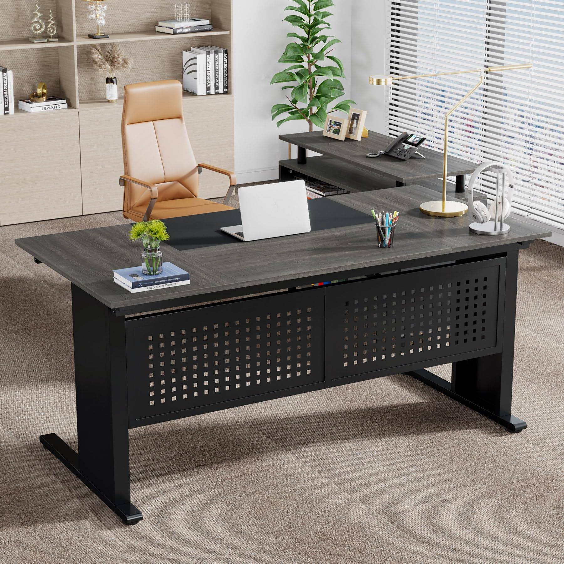 Alt View 4. Tribesigns - 63 Inch Executive Desk with File Cabinet, L Shaped Office Desk with Drawers and Storage Shelves, Business Furniture Set - Gray and Black.