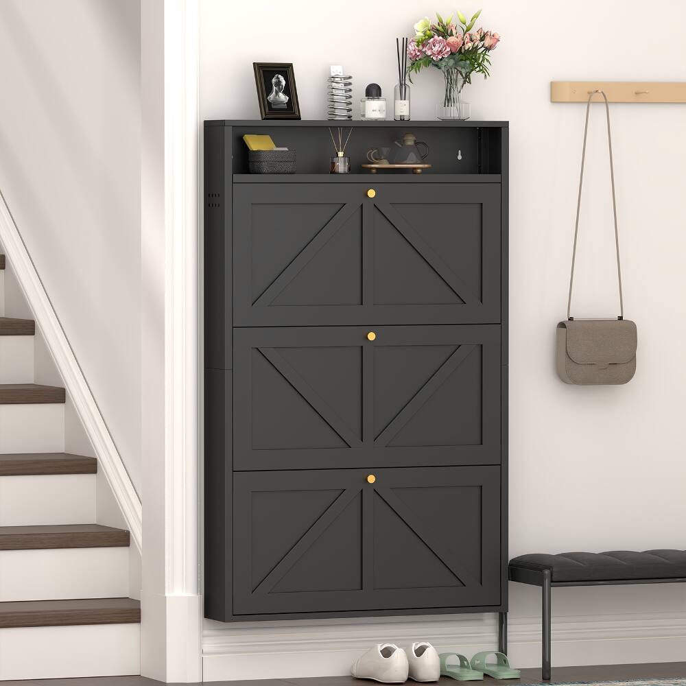 Alt View 3. Loheer - Loheer Black Metal Shoe Cabinet, Wall Mounted Shoe Organizer, Narrow Slim Hidden Shoe Rack - Black.