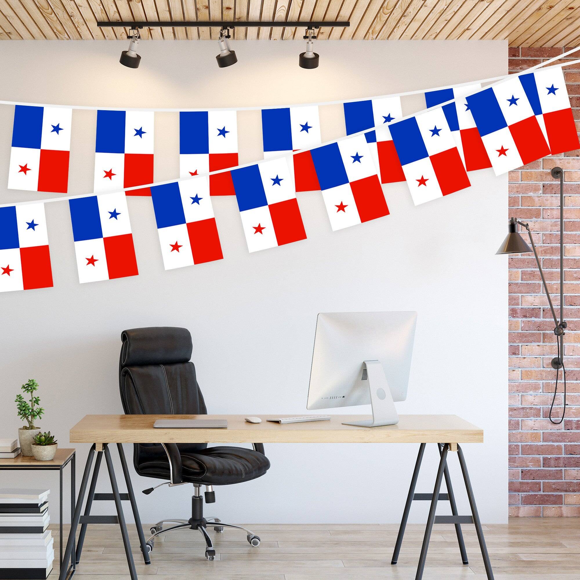 Left. G128 - Panama Panamanian Bunting Banner — 33 ft String with 38 Mini Flags (8.2 x 5.5 in), 150D Polyester. - Assorted Colors.