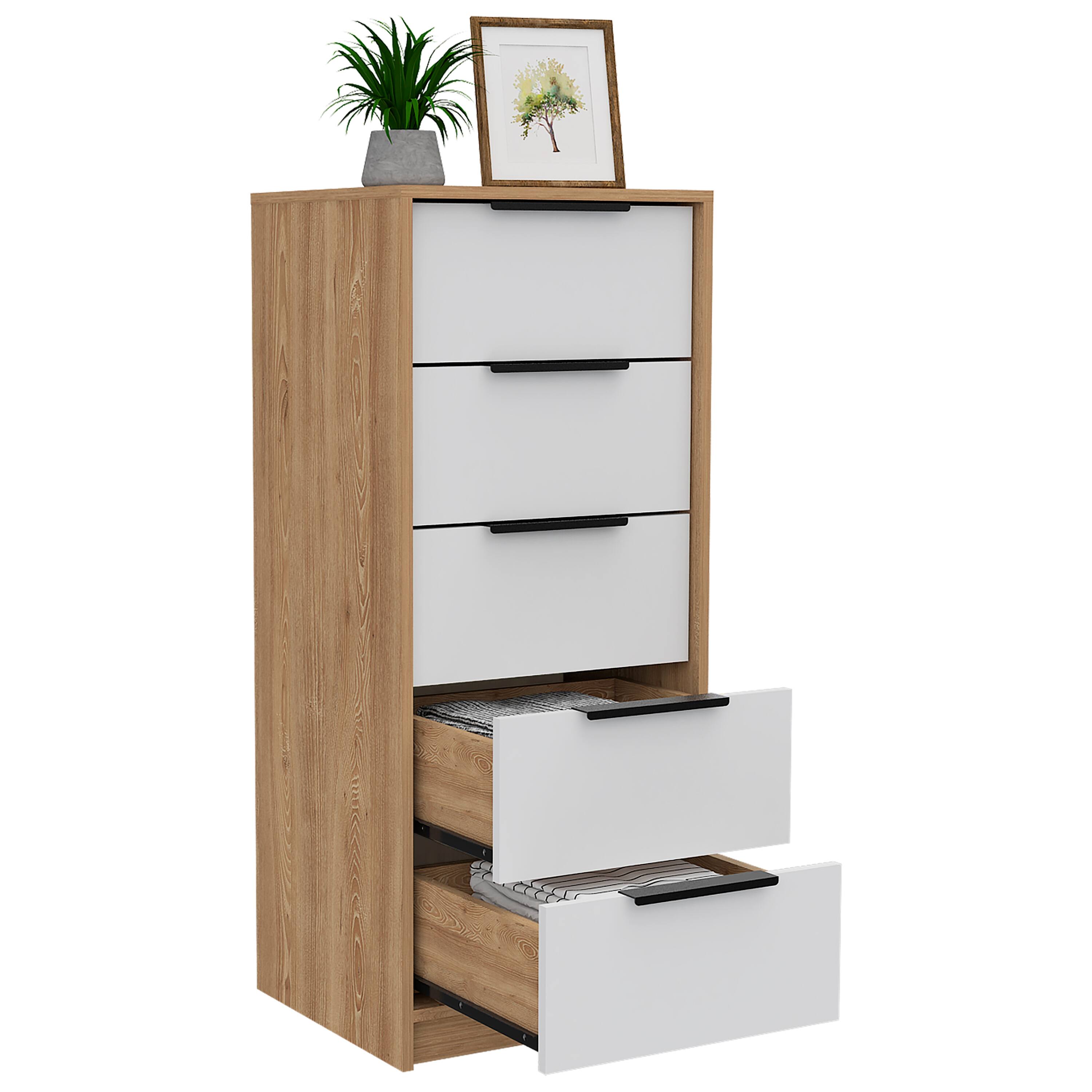 Alt View 2. TuHome - Kaia 5 Drawer Dresser, Vertical Dresser - White / Pine.