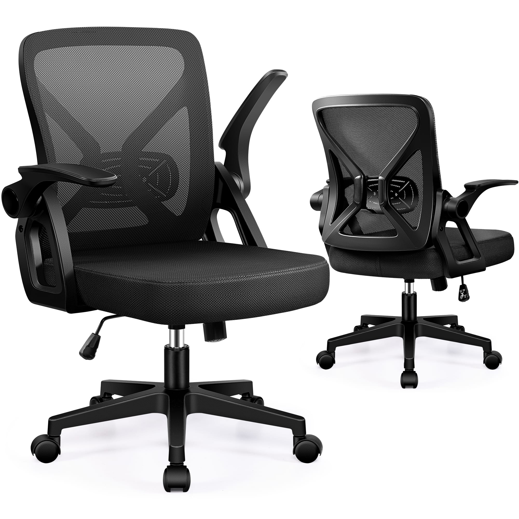 Brick Attic - Ergonomic Mesh Office Chair with Wheels and Lumbar Support Home Office Chair with Flip-up Armrests - Black