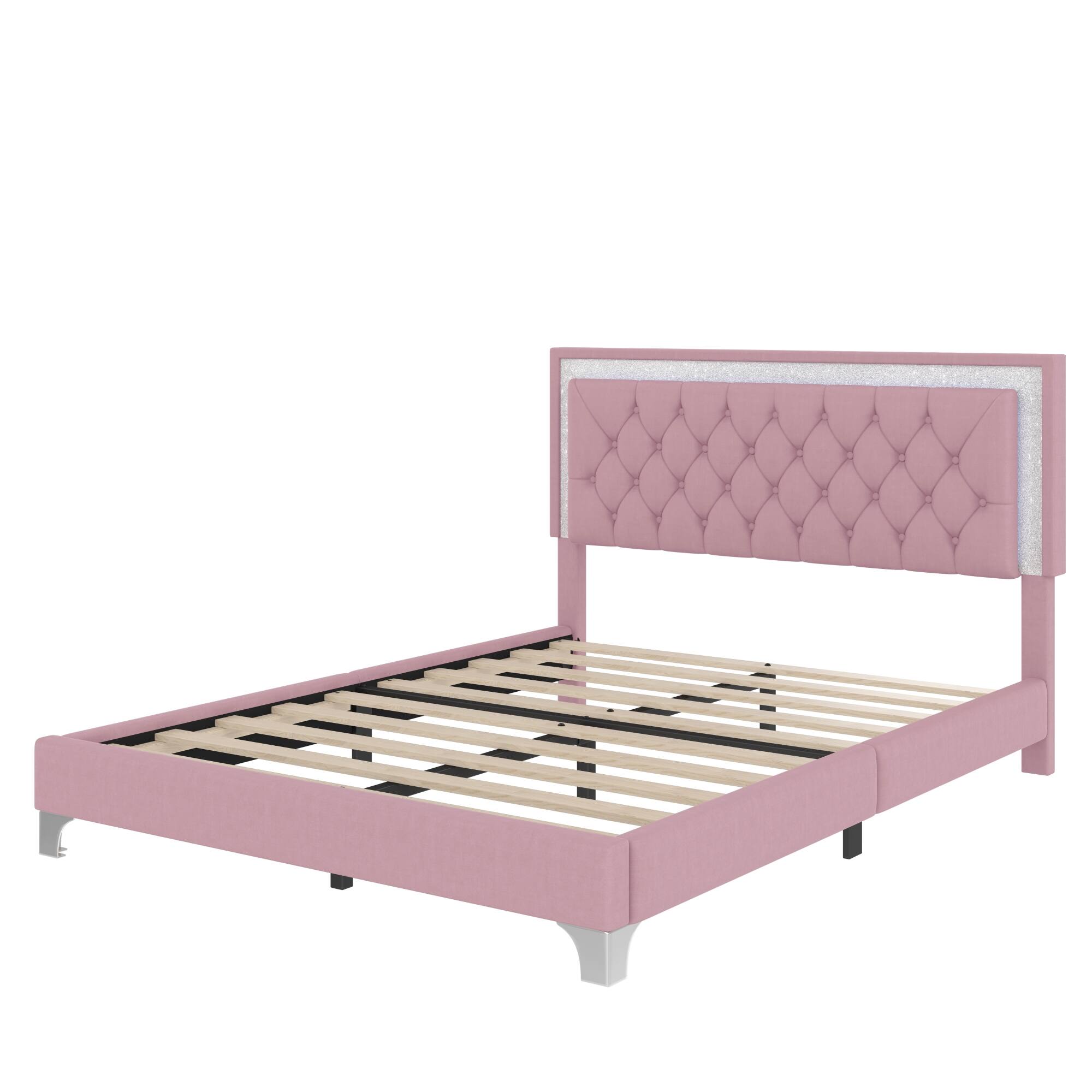 Alt View 4. GOODSILO - Elegant Velvet Upholstered Queen Bed Frame with LED Lights and Tufted Headboard - Pink.