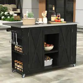 Mondawe - Fir Wood Outdoor Kitchen Island with Stainless Steel Top, Towel and Spice Racks and a Bottle Opener - Black