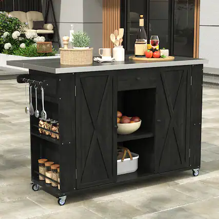 Front. Mondawe - Fir Wood Outdoor Kitchen Island with Stainless Steel Top, Towel and Spice Racks and a Bottle Opener - Black.