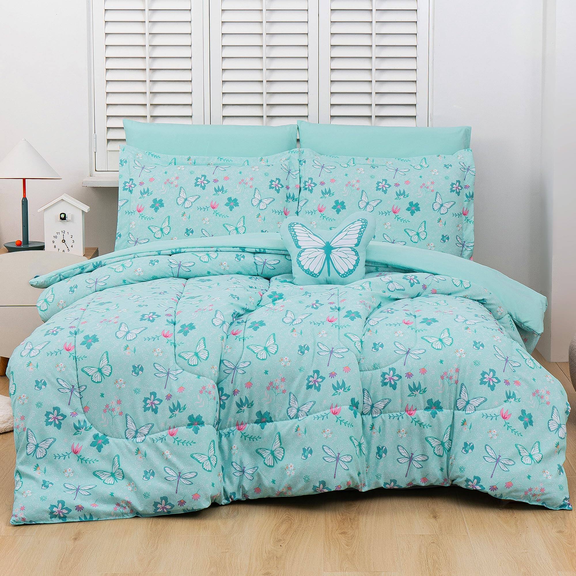 Front. NICHOLAS KLEIN - Bed In A Bag For Teens Set With Shams Sheet And Decorative Pillow Rainbow Super Soft Microfiber Bedding - Green Butterfly Full.