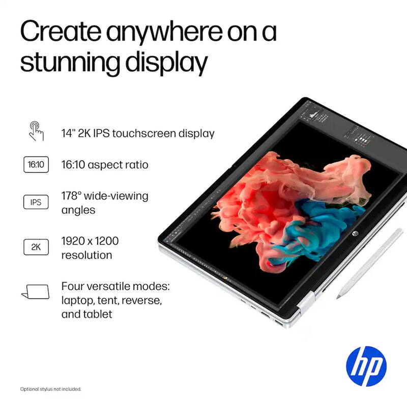 Create anywhere on a stunning display

14" 2K IPS touchscreen display  
16:10 aspect ratio  
178° wide-viewing angles  
1920 x 1200 resolution  
Four versatile modes: laptop, tent, reverse, and tablet  

Optional stylus not included.