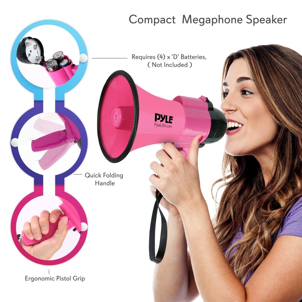 Compact Megaphone Speaker

- Requires (4) x 'D' Batteries, (Not Included)
- Quick Folding Handle
- Ergonomic Pistol Grip

PYLE
PyleUSA.com