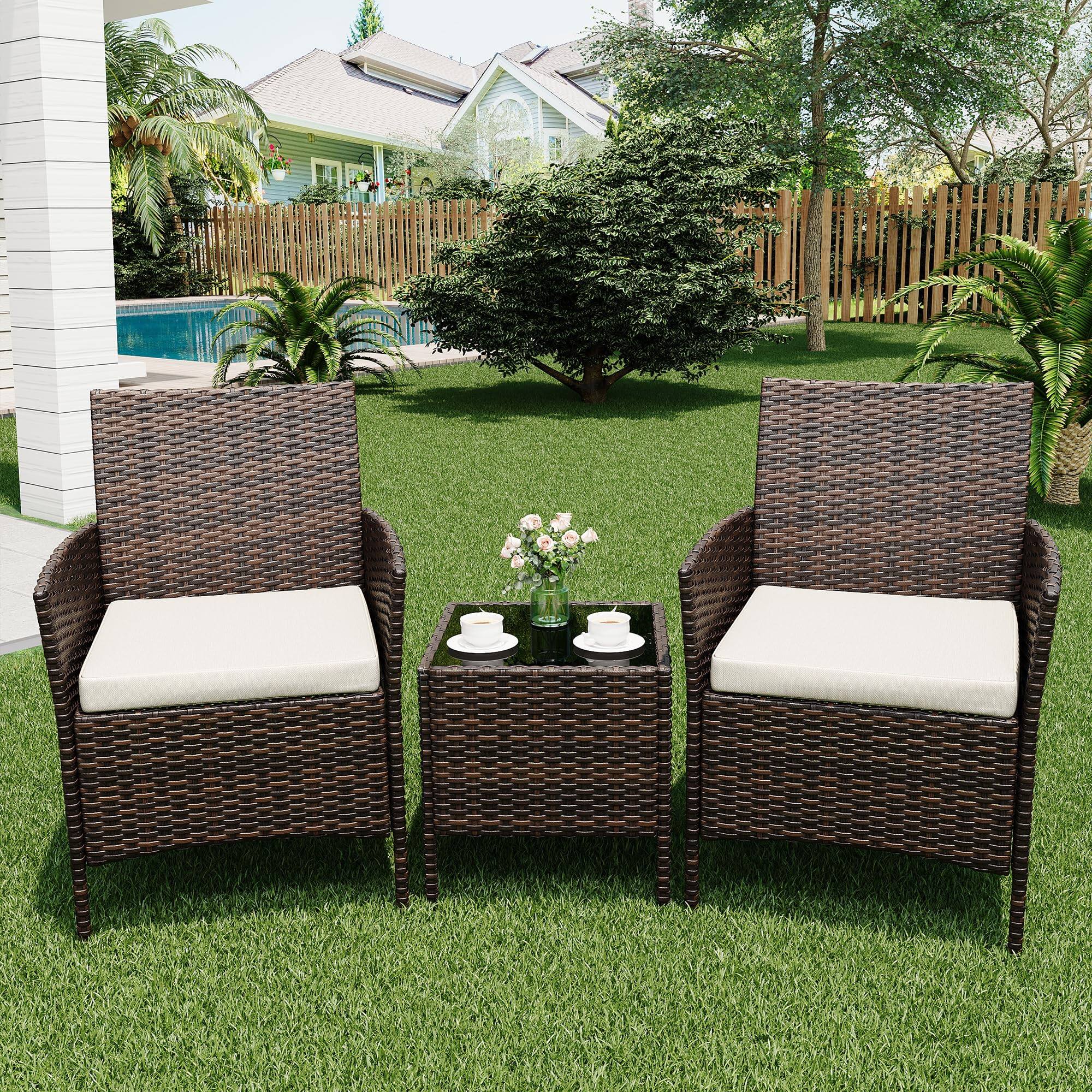 Alt View 2. Homhougo - 3 Pieces Outdoor Patio Furniture Sets, Rattan Patio Table and Chairs Set Brown and Beige - Beige.