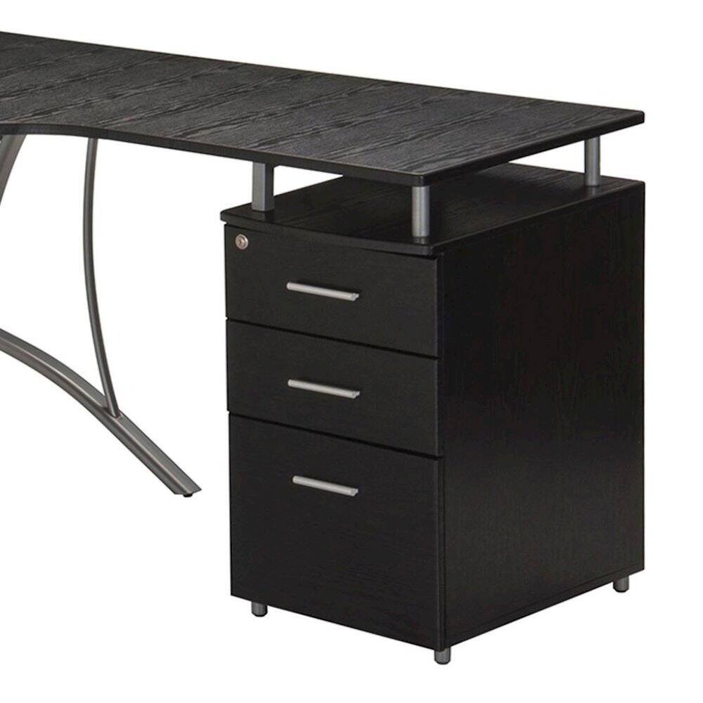 Back. FurniFact - Brown L Shaped Desk With 3 Drawers, Steel Frame Corner Computer Desk - Brown.