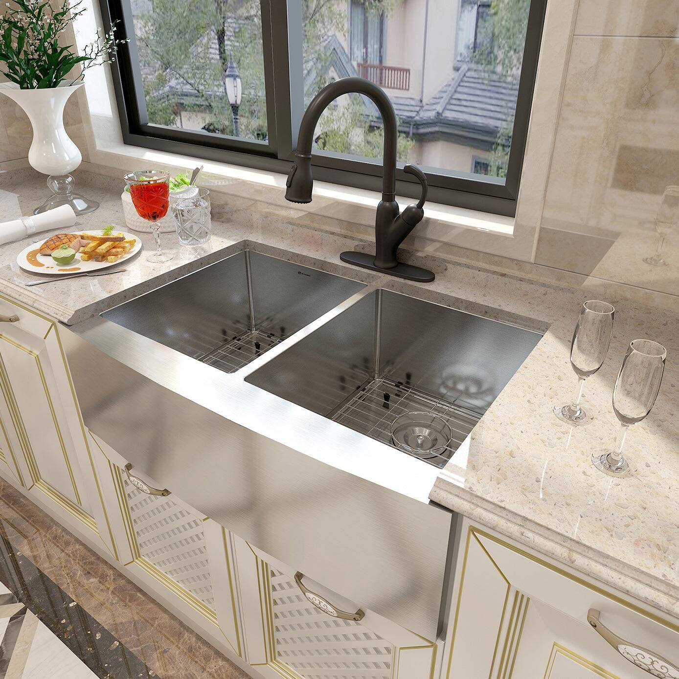Alt View 3. Boyel Living - 33 in. Farmhouse/Apron-Front Double Bowl 18 Gauge Stainless Steel Kitchen Sink with Bottom Grids and Strainer Basket - Silver.
