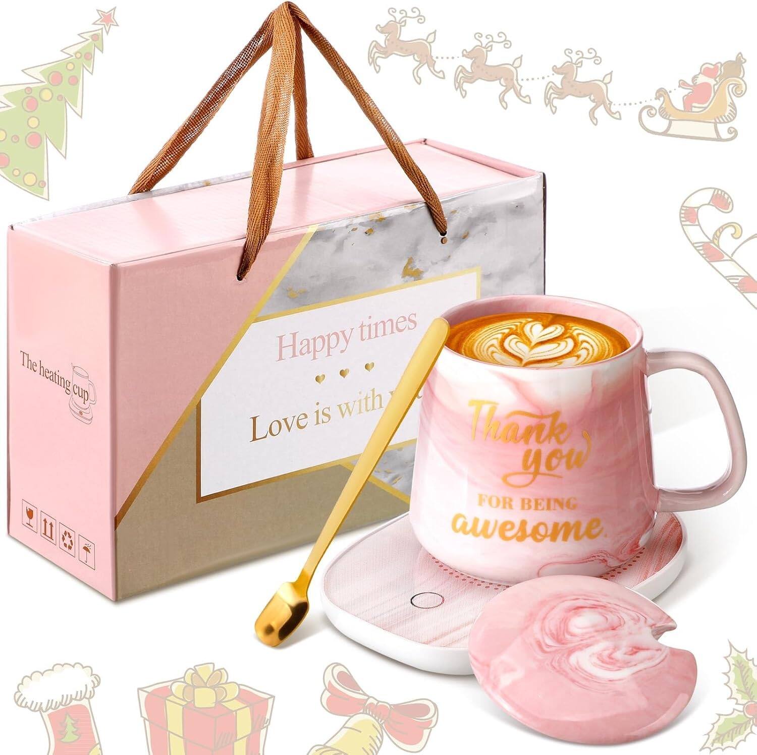 Schertz - Coffee Mug Warmer Set – Pink Marble Mug, Gift Ready - As Shown in Pictures