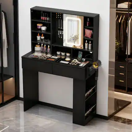 Front. Winado - Visualized Glass Tabletop Vanity Table with USB Charging Station, LED Lighted Mirror, Side-mounted Hidden Storage Shelve - Black.