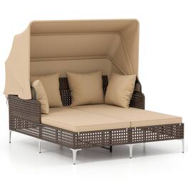 Gymax - Outdoor Daybed w/ Retractable Canopy PE Wicker Rattan Patio Double Chaise Lounger Brown - Beige