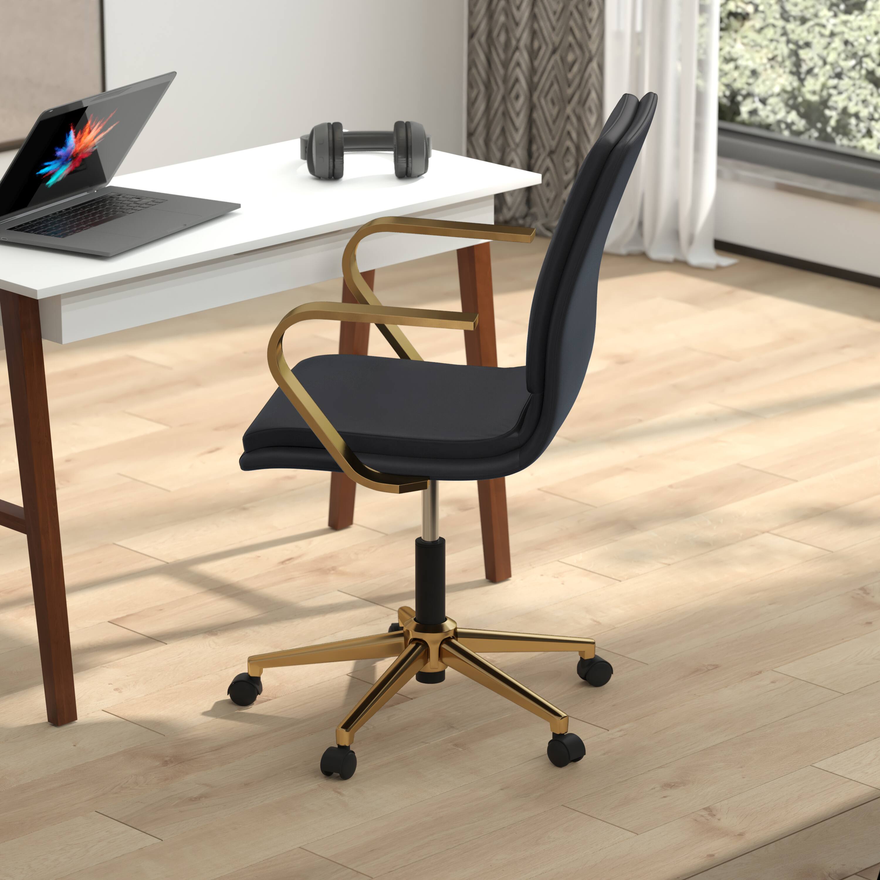 Alt View 3. Emma + Oliver - Ziva Modern Upholstered Mid-Back Home Office Chair with Arms and 5 Star Base - Black LeatherSoft/Gold Frame.