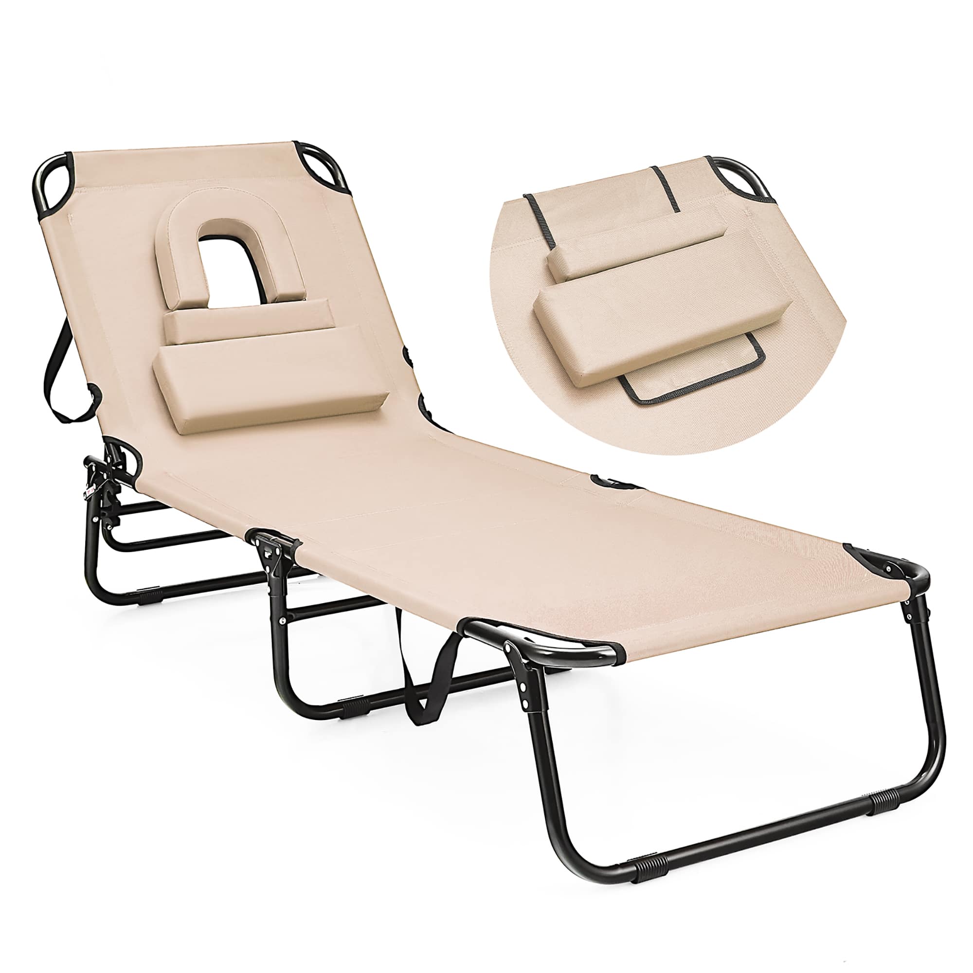 Gymax - 5-Position Lounge Chair Adjustable Beach Chaise w/ Face Cavity & Pillows Beige - Beige,Black price history on PriceWatchPro