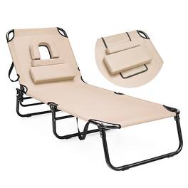Gymax - 5-Position Lounge Chair Adjustable Beach Chaise w/ Face Cavity & Pillows Beige - Beige,Black