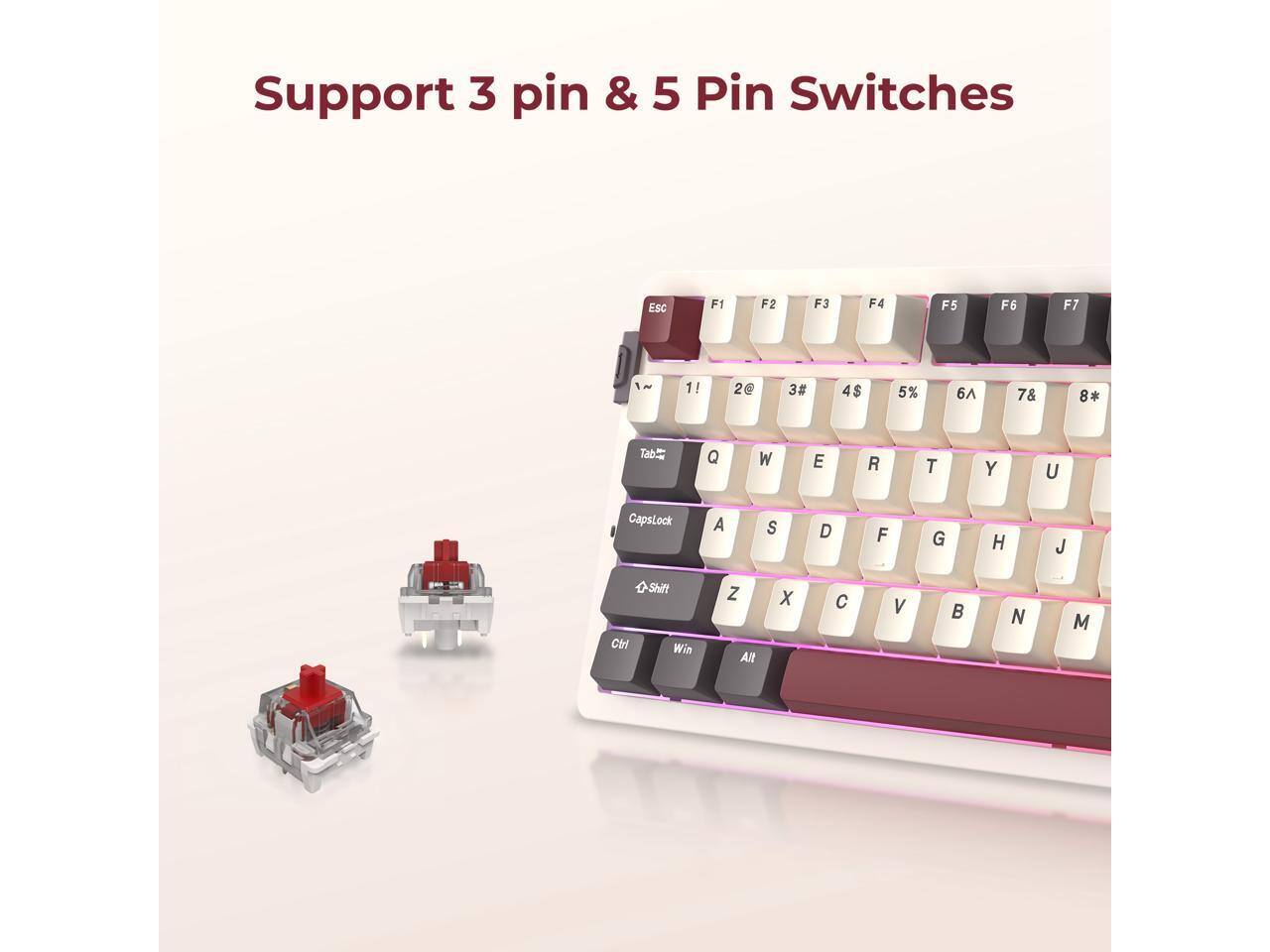 Support 3 pin & 5 Pin Switches  
Esc F1 F2 F3 F4 F5 F6 F7  
1! 2@ 3# 4$ 5% 6^ 7& 8*  
Tab Q W E R T Y U CapsLock  
A S D F G H J K L  
Z X C V B N M  
Shift Ctrl Win Alt